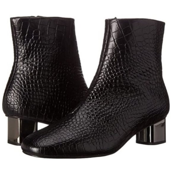 CLERGERIE Croc Leather Ankle Boots Metal Block Mid heel Black Booties Size 6.5 - Picture 2 of 16